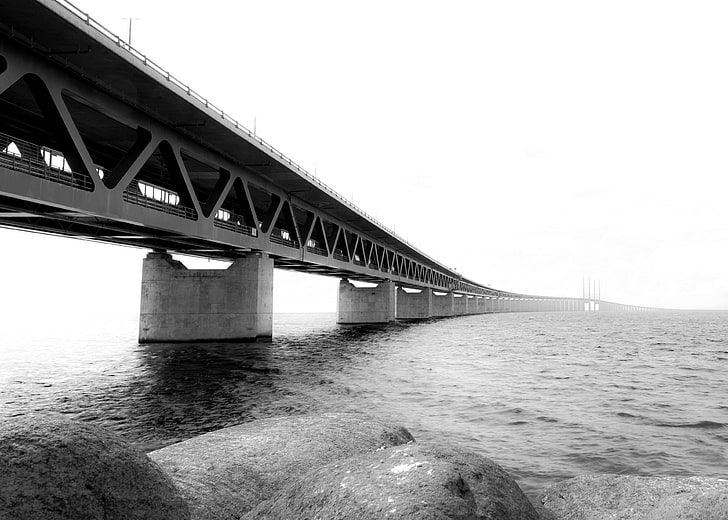 black and white, bridge, contrast, oresund bridge, sea, architecture