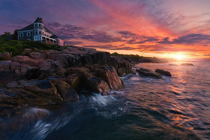 coast, Maine, rock, house, sea, nature, landscape