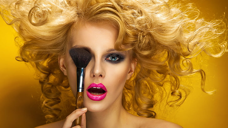makeup, women, face, model, blonde, curly hair, lipstick, beauty, HD wallpaper