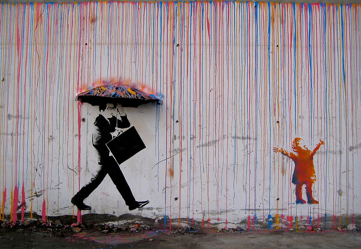 mural painting, rain, graffiti, umbrella, Norway, CMYK, Skurtur Design, HD wallpaper