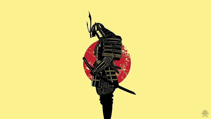 Samurai with Japan flag clipart, warrior, cartoon, armor, minimalism