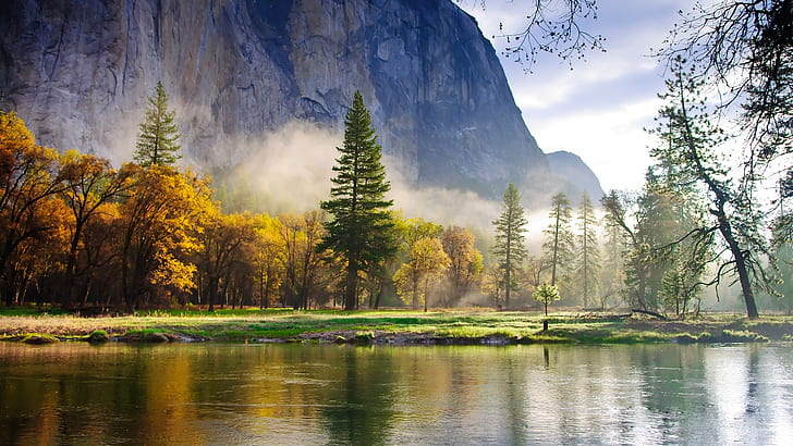 Nature morning scenery, forest, mountains, lake, mist