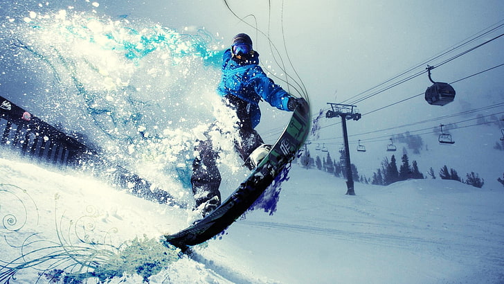 black snowboard, snowboarding, sport , digital art, sports, winter, HD wallpaper