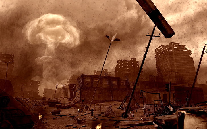 Download A dramatic scene from the Fallout video game series featuring a  nuclear explosion in the postapocalyptic wasteland Wallpaper  Wallpapers com