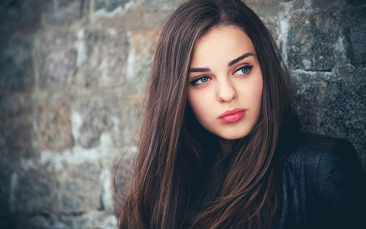 women's red lipstick, model, blue eyes, face, brunette, green eyes