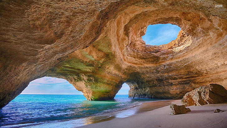 landscape photography of cave sea shore, nature, beach, rock - object, HD wallpaper