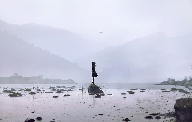 landscape, women, alone, water, fog, beauty in nature, scenics - nature, HD wallpaper