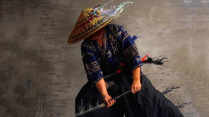 samurai, straw hat, katana, traditional japanese clothes, Men