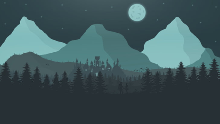 trees and mountains vector, graphic design, digital art, 2D, Tristan Nelson, HD wallpaper
