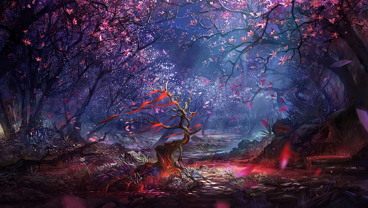 pink and brown trees digital wallpaper, artwork, fantasy art HD wallpaper