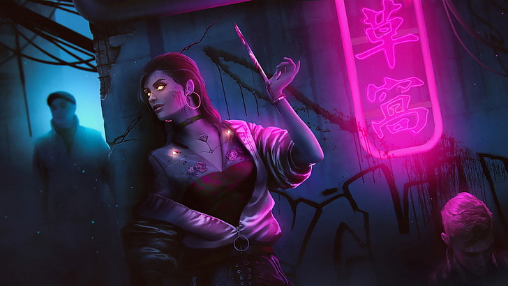 women, neon lights, dark, assassins, cyberpunk, young adult, HD wallpaper