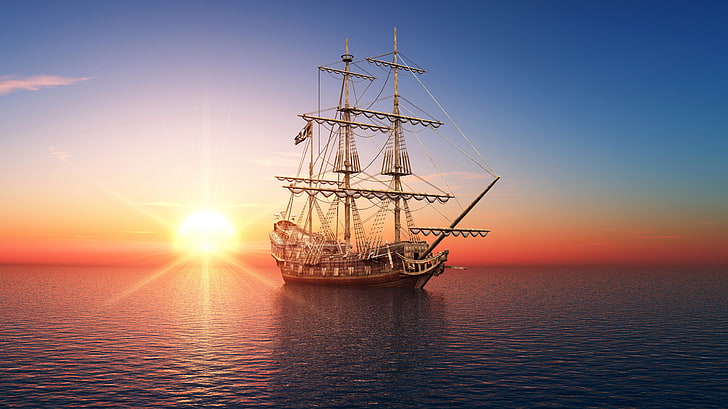 brown sailing ship, sea, sunset, photo, dawn, sailboat, 3D graphics, HD wallpaper