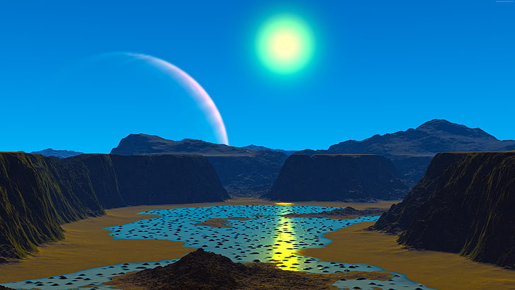 planet, surface, alien planet, sun, moon, fantasy landscape, HD wallpaper
