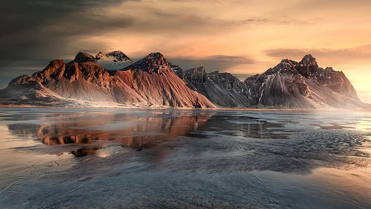 Iceland, reflection, nature, landscape, sky, mountains, Vestrahorn, HD wallpaper