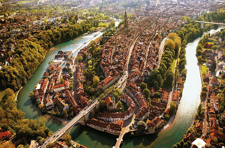 brown concrete structure, city, river, bridge, Bern, Switzerland, HD wallpaper