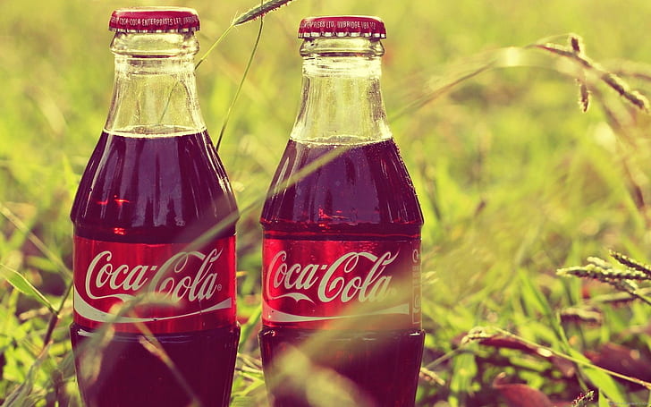 Coca Cola bottles in grass, 2 coca cola small bottles, brand, HD wallpaper