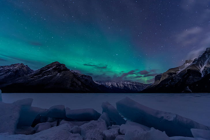 landscape, snow, aurora  borealis, HD wallpaper
