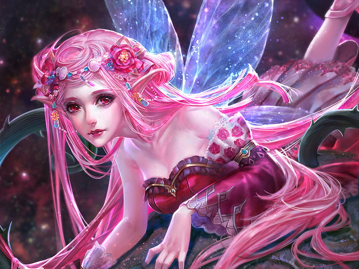 Fantasy, Fairy, Girl, Long Hair, Pink, Pink Hair, Pointed Ears.