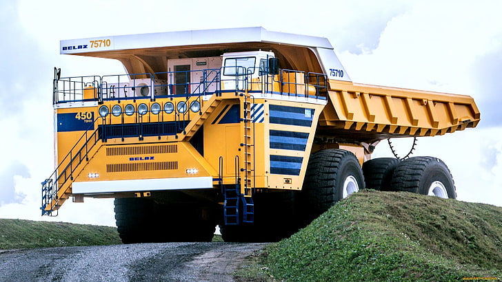 yellow heavy equipment, dump trucks, construction vehicles, belaz 75710
