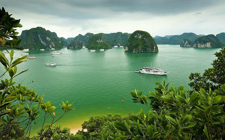 white cruise ship, landscape, Vietnam, water, nautical vessel