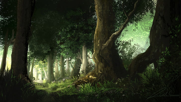 digital art, artwork, painting, forest, trees, branch, tree trunk, HD wallpaper