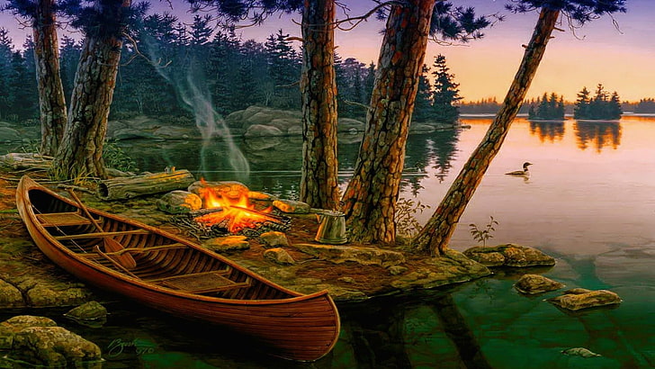 calm, artwork, painting, camping, campfire, plant, sky, evening, HD wallpaper