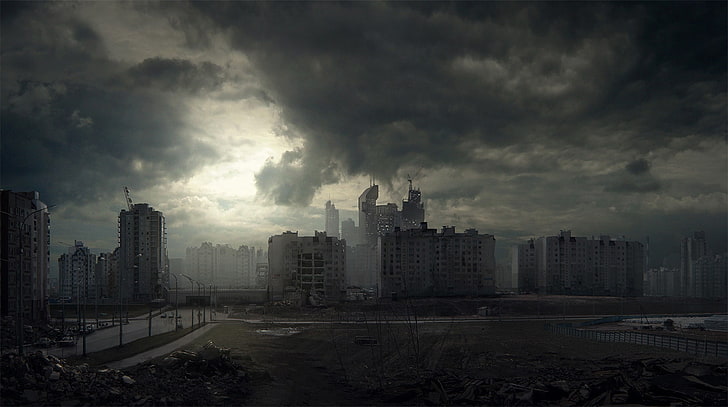 gray concrete buildings, ruin, apocalyptic, architecture, cloud - sky, HD wallpaper