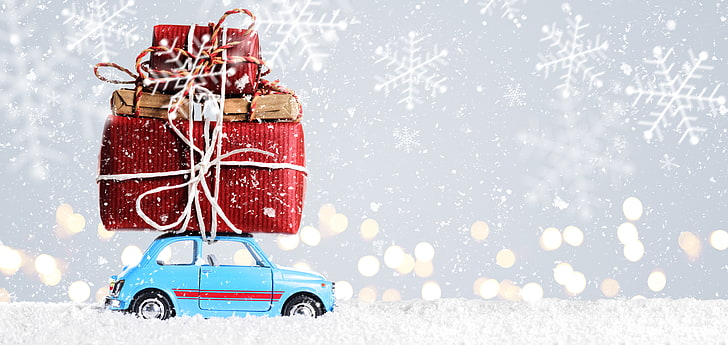 teal car carrying gifts illustration, snow, New Year, Christmas