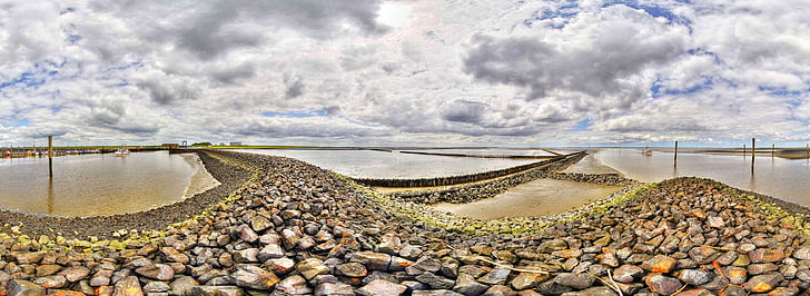 landscape, fisheye lens, HDR, cloud - sky, water, rock, nature, HD wallpaper