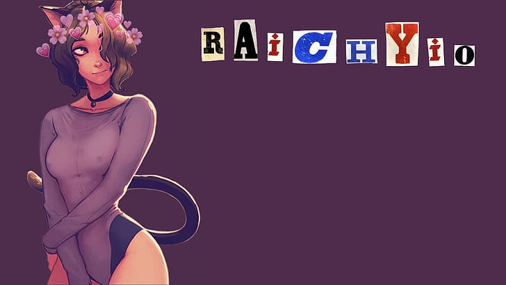 purple background, anime girls, cat girl, neko ears, thick ass, HD wallpaper