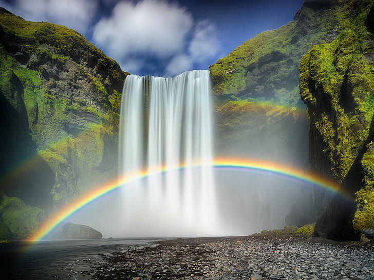 Iceland, Skógafoss, waterfalls with rainbow photography, a waterfall, HD wallpaper