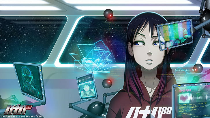 anime girls, spaceship, cyberpunk, 88 Girl, interfaces, futuristic