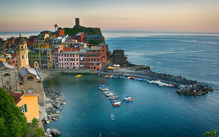 Vernazza, Cinque Terre, Italy, sea, coast, bay, boats, buildings, dusk, aerial view of buildings