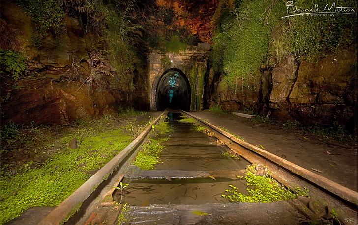 beige concrete train tunnel, photography, railway, abandoned