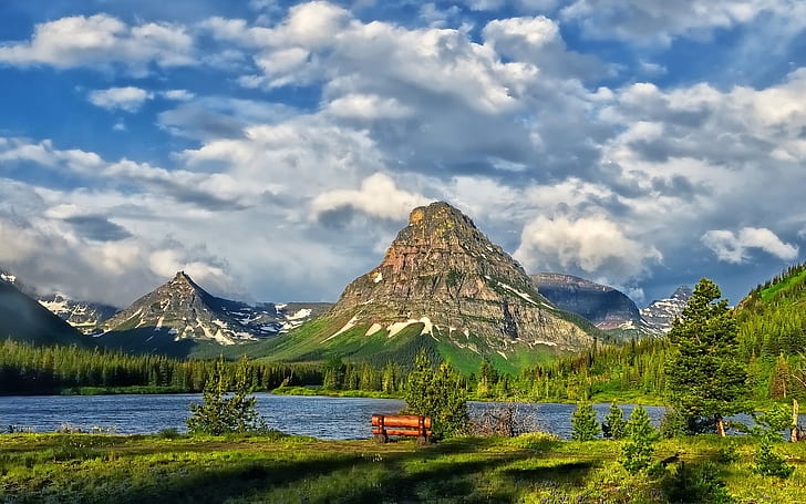 Glacier National Park, lake, mountains, clouds, green leaved trees, HD wallpaper
