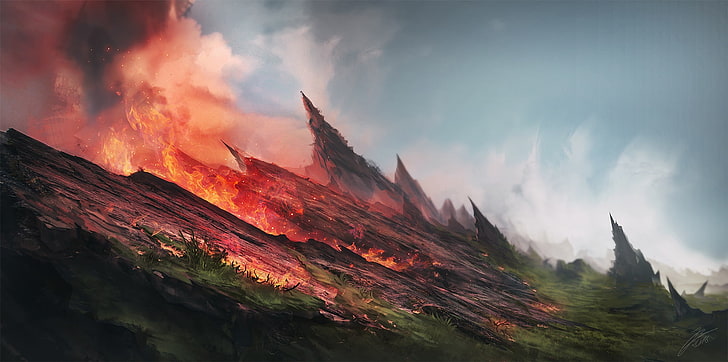 digital art, landscape, fire, sky, nature, mountain, cloud - sky, HD wallpaper
