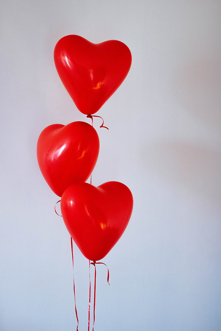 three red heart balloons, love, heart Shape, romance, valentine's Day - Holiday