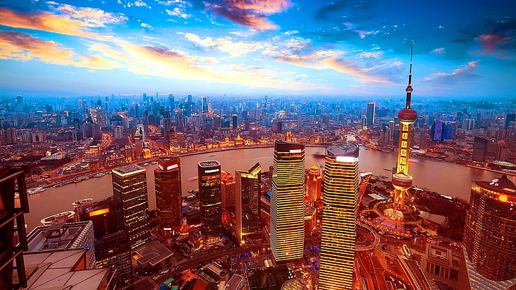 metropolitan area, cityscape, shanghai, skyline, metropolis, HD wallpaper