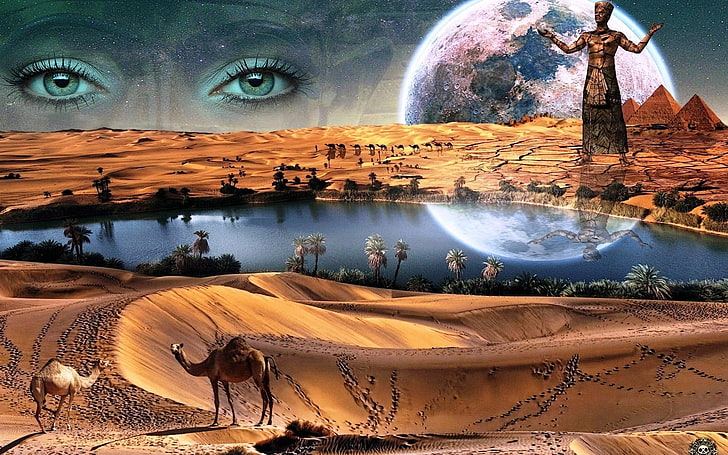 brown wooden framed brown padded futon, eyes, planet, trees, camels
