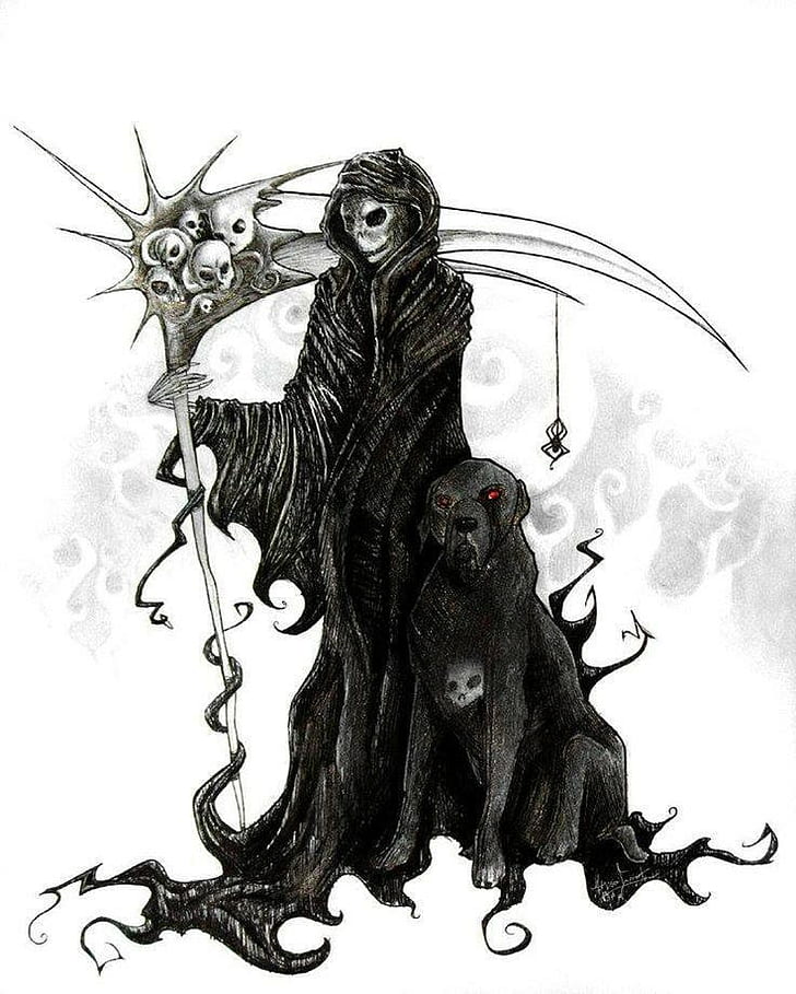 dark ages, monochrome, Grim Reaper, skull, fantasy art, artwork