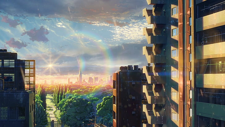 Makoto Shinkai, trees, sunrise, clouds, The Garden of Words
