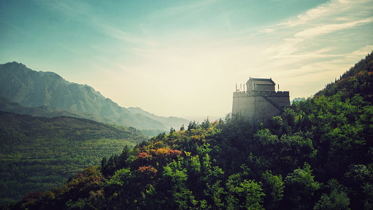 grey concrete building, China, Great Wall of China, forest