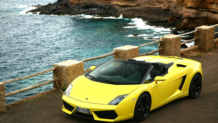 yellow and black Honda Civic sedan, Lamborghini Gallardo, coast