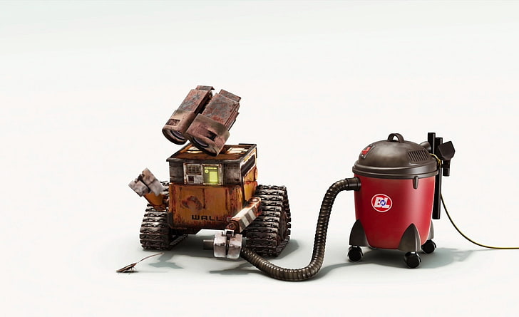 Hard Working Robot, Wall-E holding vacuum cleaner, Cartoons, WallE