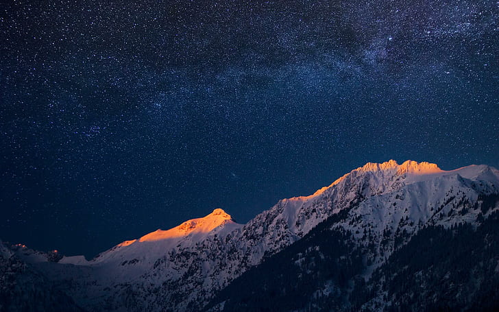 Milky Way galaxy visible in the night sky, snow covered mountain