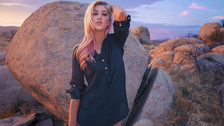 women's black long-sleeved Henley shirt, model, blonde, women outdoors, HD wallpaper