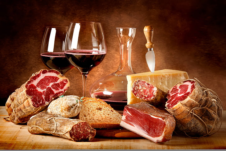 clear wine glasses, red, food, cheese, bread, meat, sausage, cups