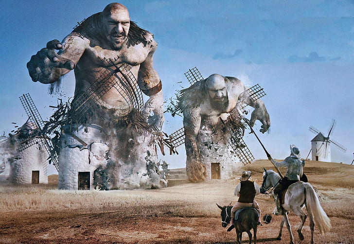 mill, the battle, Don Quixote, Sancho Panza, the giants