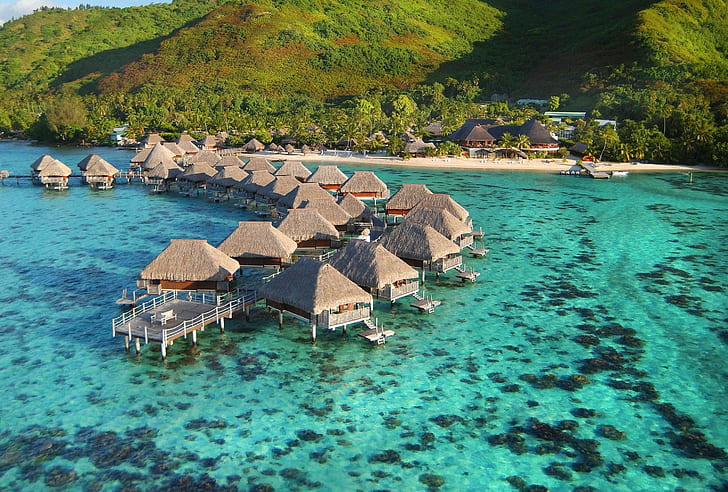 Bora Bora Lagoon and Water Villas, green, coral, reef, beach, HD wallpaper