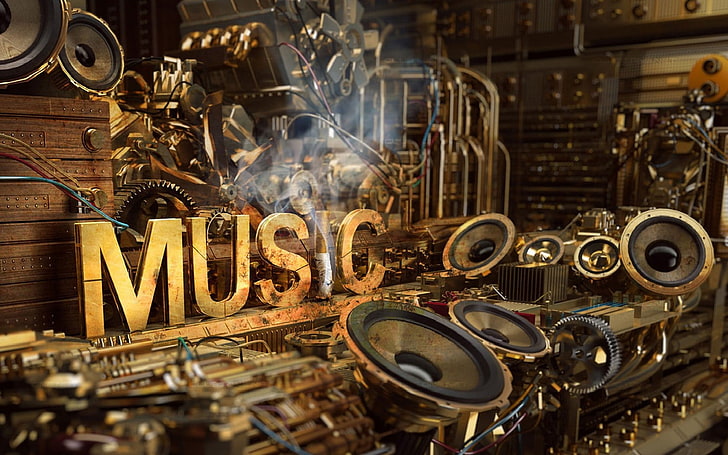 brown and black wooden table, music, steampunk, digital art, typography, HD wallpaper